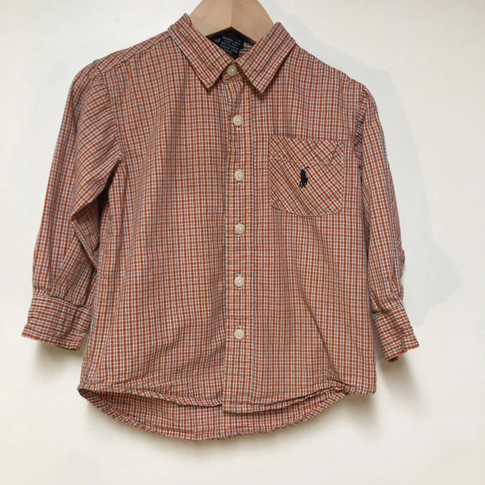 Ralph Lauren Button Down Shirt Boys 3T Orange Plaid Long Sleeve Pony Logo Preppy